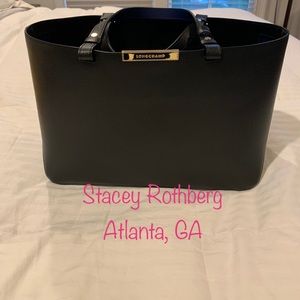 Black & blue pebbled leather Longchamp tote bag